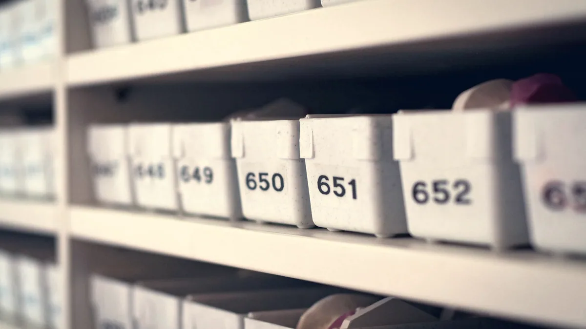 Des rayonnages d'archives avec des boîtes rangées les unes contre les autres.