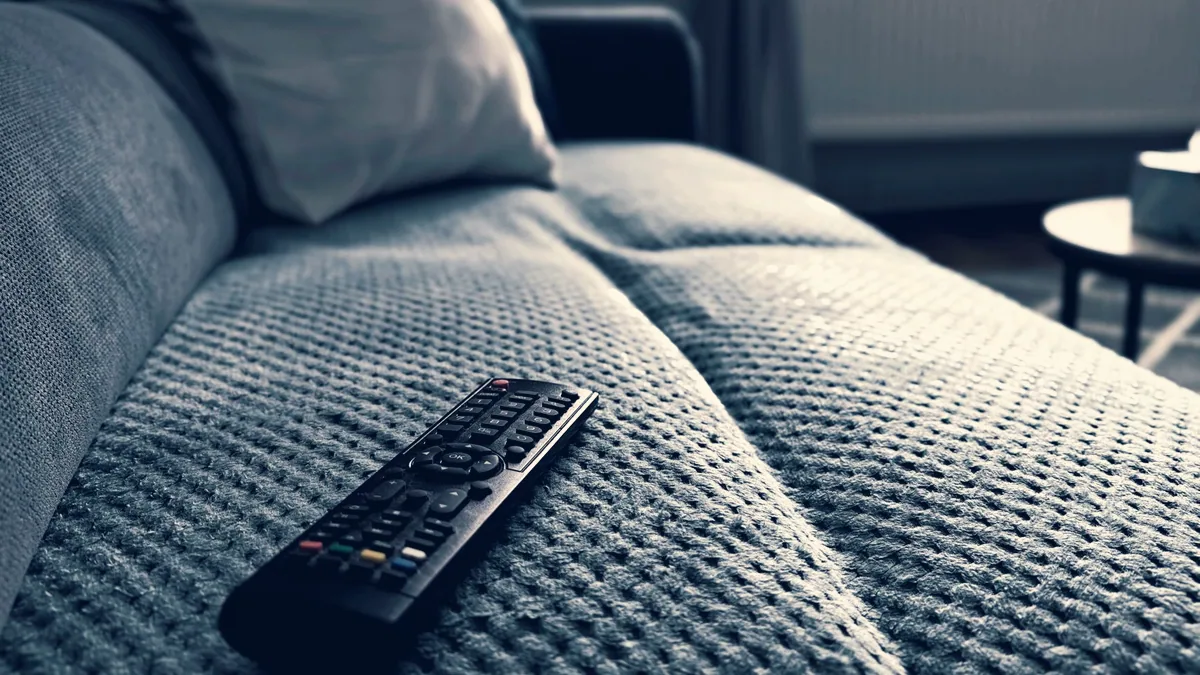 Une télécommande posée sur le coussin d'un canapé.