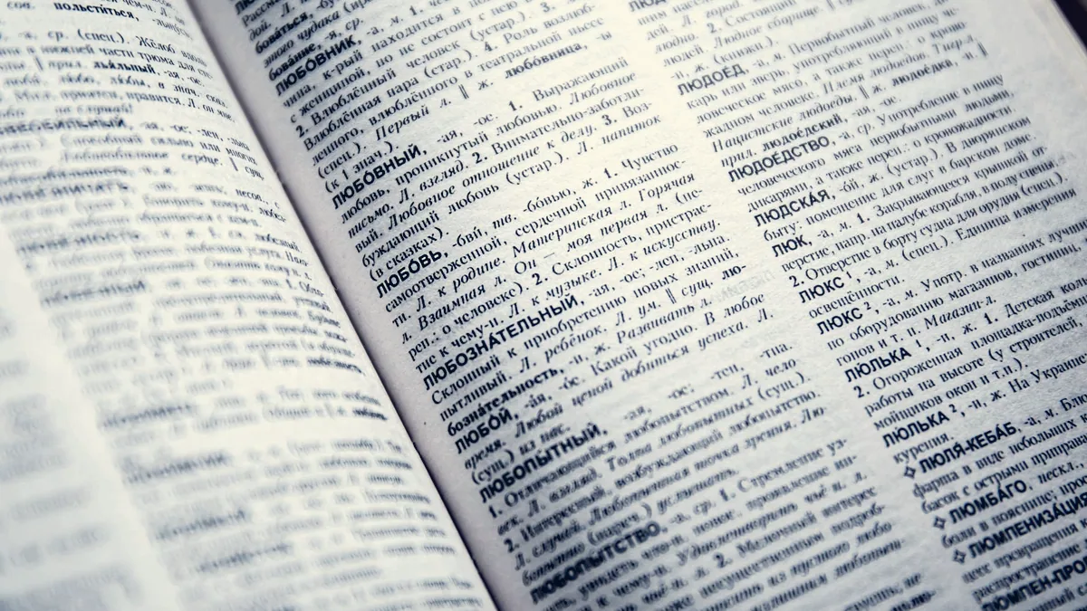 Un dictionnaire ouvert, vu de près.